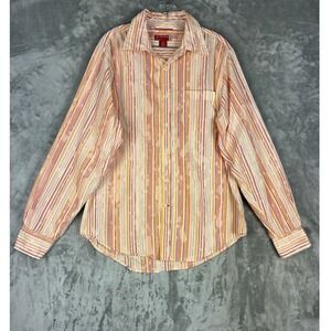 Guess Mens Large Striped Button Down Shirt Long Sleeve Splatter‎ Print Orange L